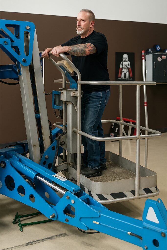 Man operating blue hydraulic lift in workshop.